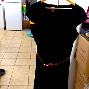 Anne Klein black cap sleeve dress with red belt